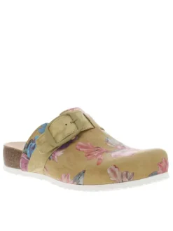 Mules fermées en cuir moutarde à fleurs tropicales et bande auto-agrippante