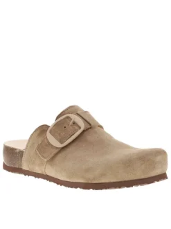 Mules fermées en cuir suède beige à bande auto-agrippante et boucle à ardillon