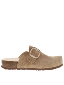 Mules fermées en cuir suède beige à bande auto-agrippante et boucle à ardillon