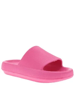 Mules fuchsia à semelle plate avec un logo à l'intérieur et une matière texturée