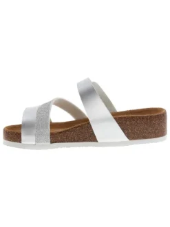 Mules Glitter en cuir argent à talon compensé bas et à boucle à ardillon