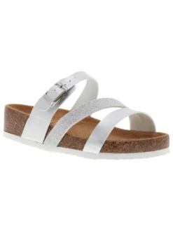 Mules Glitter en cuir argent à talon compensé bas et à boucle à ardillon