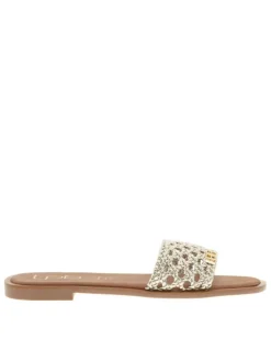 Mules Iolanda dorées avec logo métallique et une bride ajourée
