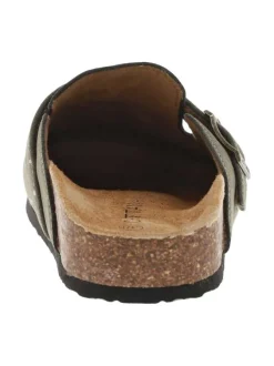 Mules kaki avec un talon plat et pourvues d'une boucle à ardillon