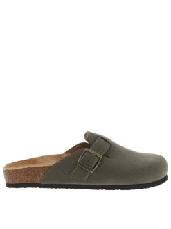 Mules kaki avec un talon plat et pourvues d'une boucle à ardillon