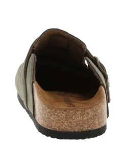 Mules kaki avec un talon plat et pourvues d'une boucle à ardillon