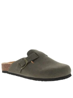 Mules kaki avec un talon plat et pourvues d'une boucle à ardillon