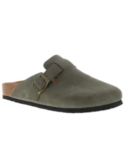 Mules kaki avec un talon plat et pourvues d'une boucle à ardillon