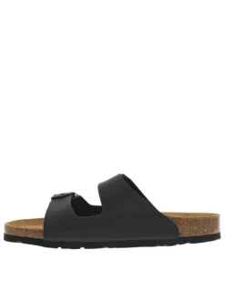 Mules noires avec 2 boucles à ardillon et logo floqué sur le côté extérieur