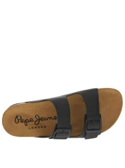 Mules noires avec 2 boucles à ardillon et logo floqué sur le côté extérieur