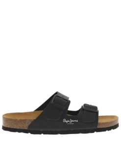 Mules noires avec 2 boucles à ardillon et logo floqué sur le côté extérieur