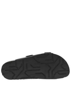 Mules noires avec 2 boucles à ardillon et logo floqué sur le côté extérieur