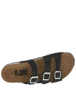 Mules noires avec détails en lurex et 3 boucles à ardillon sur les brides