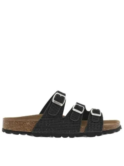 Mules noires avec détails en lurex et 3 boucles à ardillon sur les brides