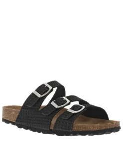 Mules noires avec détails en lurex et 3 boucles à ardillon sur les brides