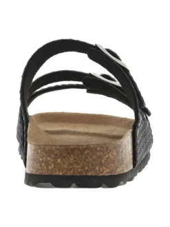 Mules noires avec détails en lurex et 3 boucles à ardillon sur les brides