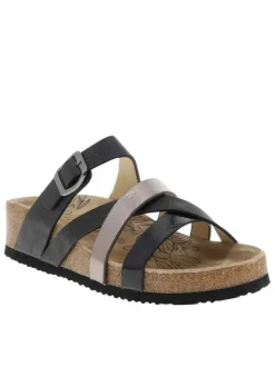 Mules noires avec un talon plat et une fermeture avec boucle à ardillon