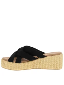 Mules noires avec un talon semi-compensée et des sangles croisées