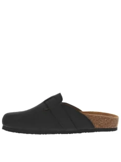 Mules noires à bout fermé avec une boucle à ardillon et une semelle plate