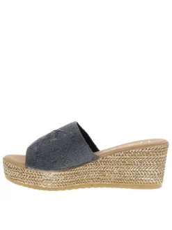 Mules noires et taupe à talon compensé texturé avec bout ouvert