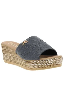 Mules noires et taupe à talon compensé texturé avec bout ouvert