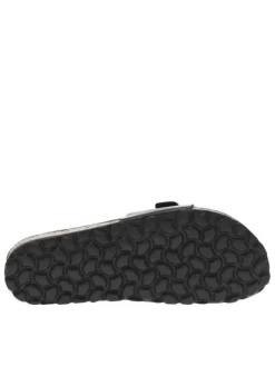Mules noires vernies avec un aspect liège et une boucle à ardillon sur la bride