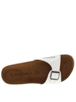 Mules Opaline blanches vernis avec un aspect liège et logo embossé sur le côté