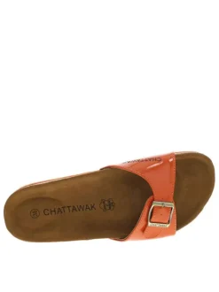 Mules Opaline oranges vernis avec logo embossé sur le côté et aspect liège