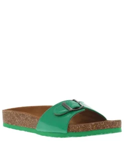 Mules Opaline vertes vernis avec logo embossé et détail aspect liège