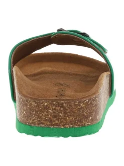 Mules Opaline vertes vernis avec logo embossé et détail aspect liège