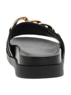 Mules ouvertes en cuir noir à semelle plate