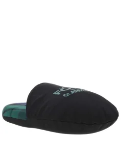 Mules ouvertes et rembourrées noires et à motifs Tratan vert sombre, à semelle plate, Made in France