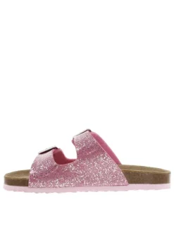 Mules roses brillantes avec talon plat et fermeture boucle à ardillon
