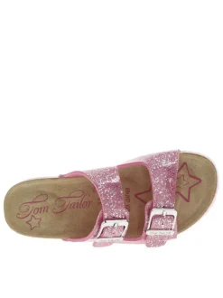 Mules roses brillantes avec talon plat et fermeture boucle à ardillon