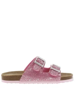 Mules roses brillantes avec talon plat et fermeture boucle à ardillon