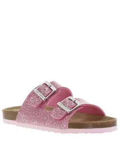 Mules roses brillantes avec talon plat et fermeture boucle à ardillon