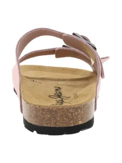 Mules roses en cuir avec un talon plat et 2 boucles à ardillon