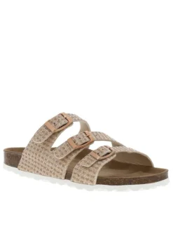 Mules roses ornées de fil lurex avec trois boucles à ardillon métalliques