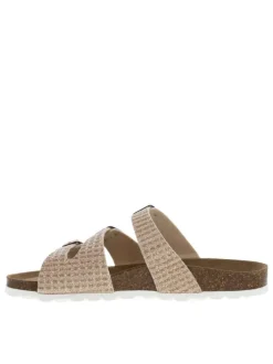 Mules roses ornées de fil lurex avec trois boucles à ardillon métalliques