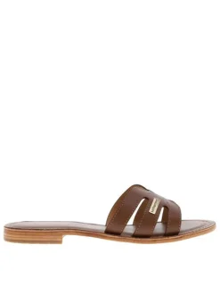 Mules à talon plat Damia marrons en cuir avec bride unique sur la tige