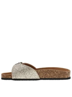 Mules à talon plat Opaline pailletées dorées en cuir avec boucle à ardillon