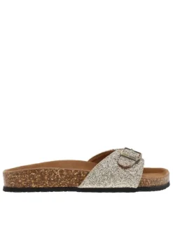 Mules à talon plat Opaline pailletées dorées en cuir avec boucle à ardillon