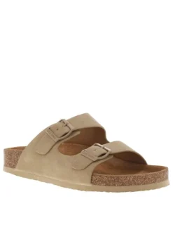 Mules taupe avec le nom de la marque et à boucles à ardillon