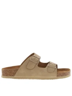 Mules taupe avec le nom de la marque et à boucles à ardillon