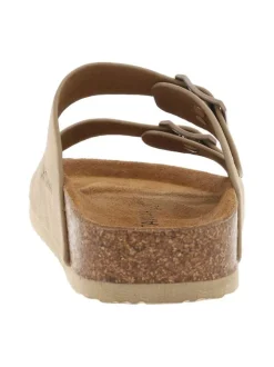 Mules taupe avec le nom de la marque et à boucles à ardillon