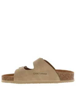 Mules taupe avec le nom de la marque et à boucles à ardillon