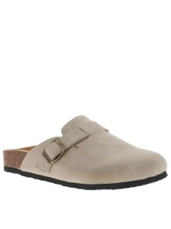 Mules taupe avec un talon plat et pourvues d'une boucle à ardillon