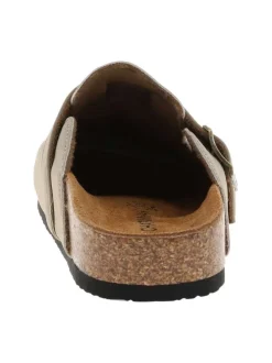 Mules taupe avec un talon plat et pourvues d'une boucle à ardillon