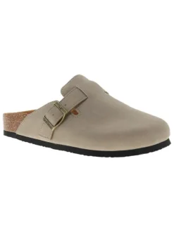 Mules taupe avec un talon plat et pourvues d'une boucle à ardillon