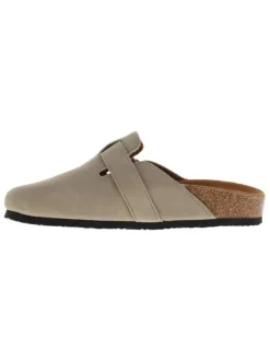 Mules taupe avec un talon plat et pourvues d'une boucle à ardillon